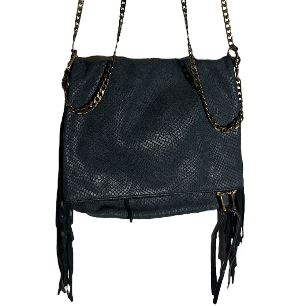 ASH 100% leather pattern Fringe Shoulder Bag blue gold chain